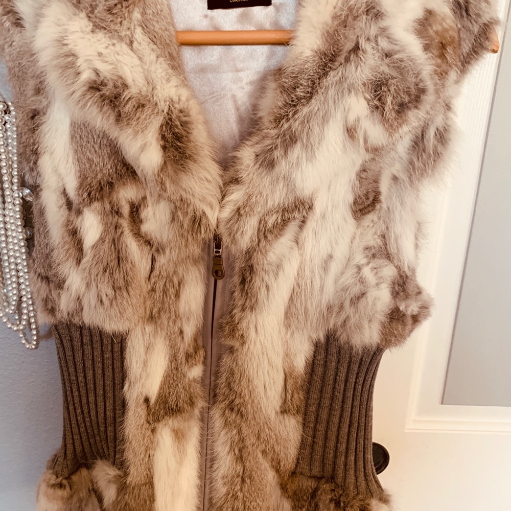 Grey & White Knit Rabbit Fur Vest